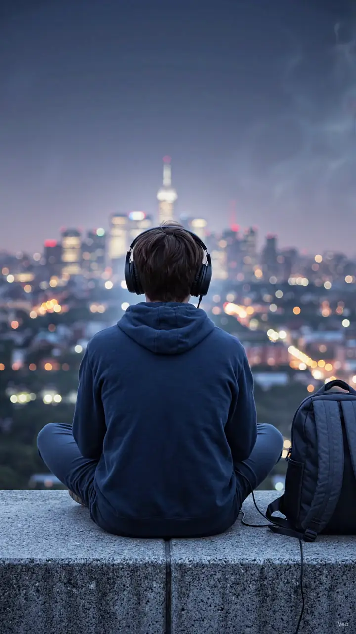 Reveforge student coding on a laptop above a city skyline at dusk